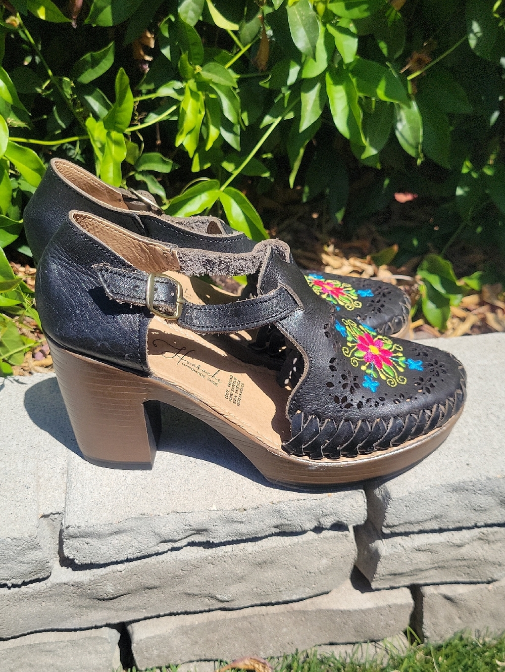 Black Leather Embroidered  Boho Heeled Buckle Mary Jane Shoes 8